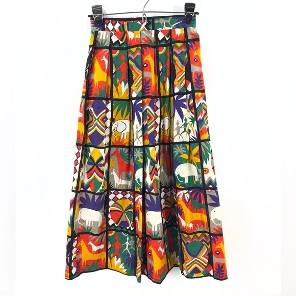 Vintage Safari Midi Skirt Womens 4 Art Statement Colorful Tribal Boho Indie USA - Picture 1 of 10
